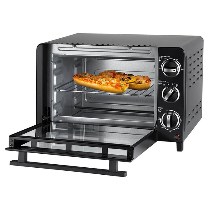 Der Unold Ofen Allround, hier in Schwarz mit geöffneter Tür, verfügt über ein Pizzastück auf dem Rost und drei Bedienknöpfe auf der rechten Seite.