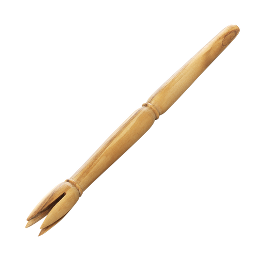 A handmade olive wood olive picker with a tulip-shaped end featuring four skewers.