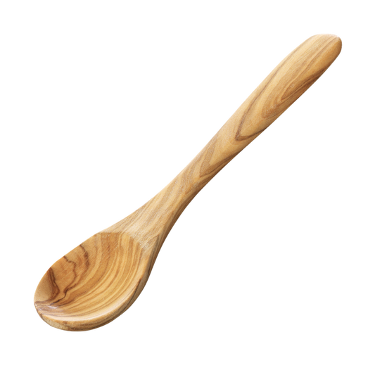 A single olive wood spoon with a medium brown color and dark veins, handmade in Tunisia.