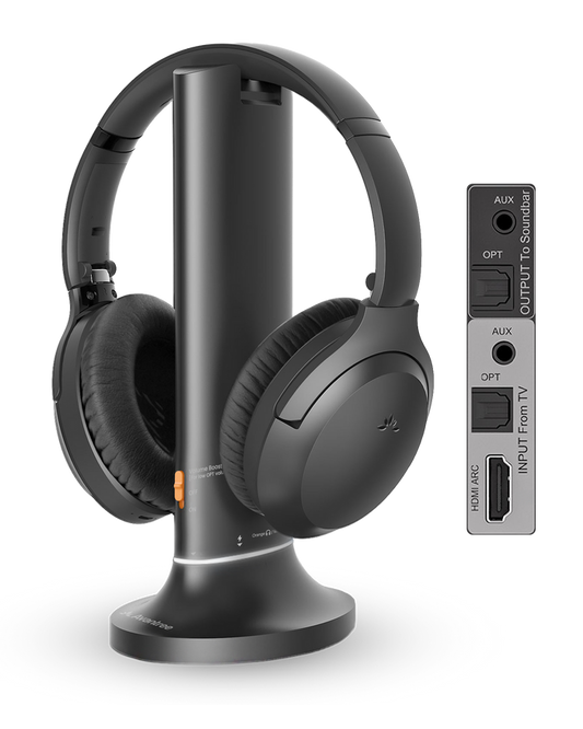 Opera Aura wireless Auracast TV headphones with transmitter charging dock and over-ear headset.