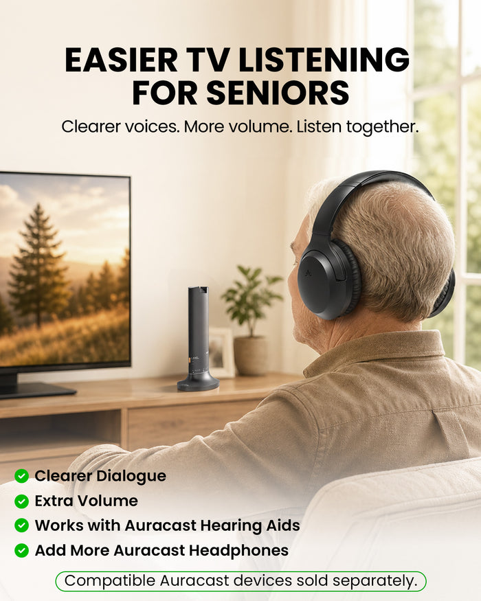 Opera Aura wireless TV headphones for seniors with simple setup, clear dialogue, and easy controls.