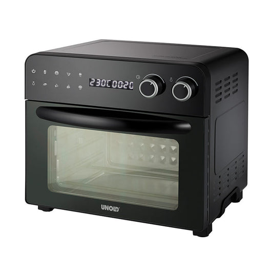 Der Unold Backofen-Fritteuse Diamant ist ein schwarzer Konvektionsofen für die Arbeitsplatte mit zwei Bedienknöpfen, einer Digitalanzeige mit 230 °C und 20 Minuten, einer transparenten Tür und dem unten an der Tür sichtbaren Unold-Logo.