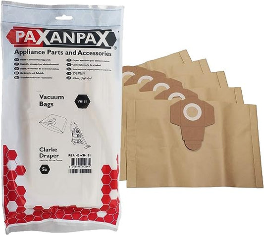 Parkside Lidl 20L Wet and Dry Vacuum Paper Bags | Pack of 5 Compatible with VB181 Clarke | Draper | RYOBI | Lidl Parkside PWD12
