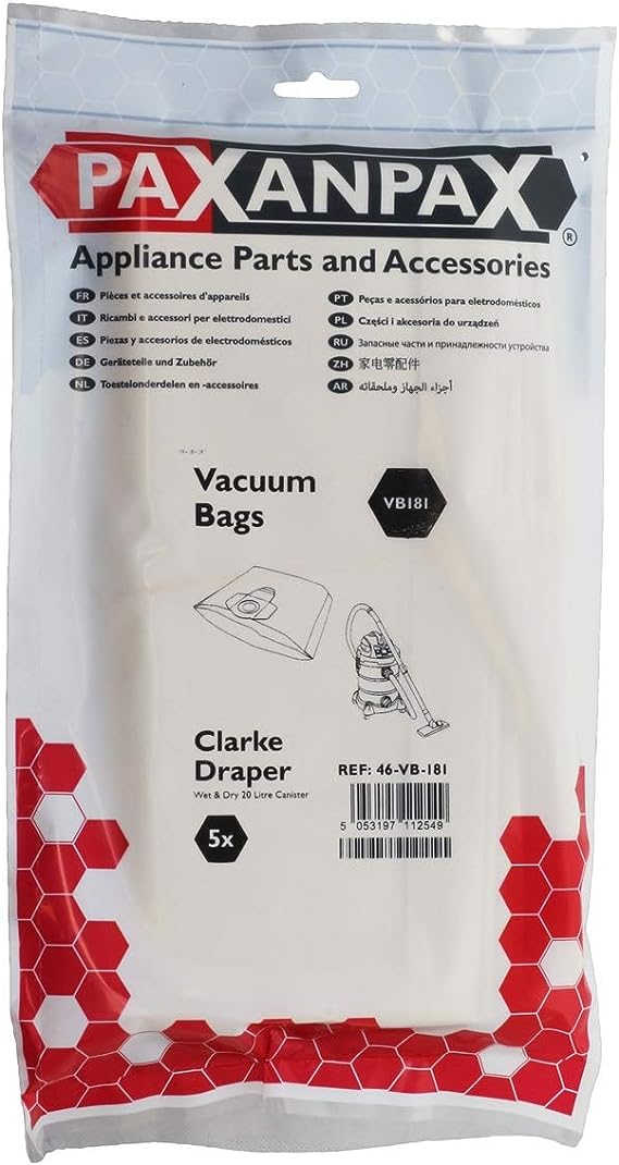 Parkside Lidl 20L Wet and Dry Vacuum Paper Bags | Pack of 5 Compatible with VB181 Clarke | Draper | RYOBI | Lidl Parkside PWD12