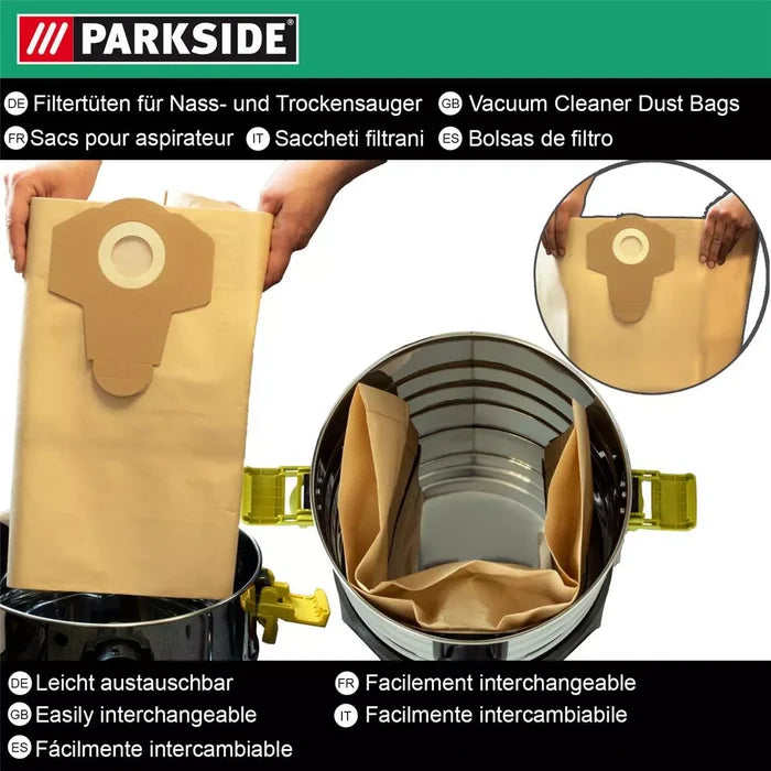 Parkside Lidl 20L Wet and Dry Vacuum Paper Bags | Pack of 5 Compatible with VB181 Clarke | Draper | RYOBI | Lidl Parkside PWD12