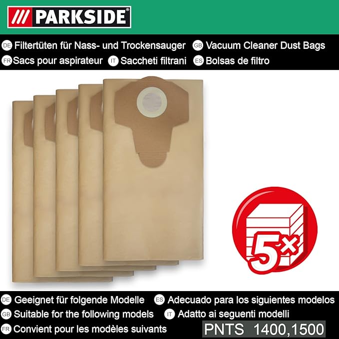 Parkside Lidl Wet and Dry 30L Bags Vacuum Cleaner Bags 30L PNTS 1400, 1500 A1, B1, B2, B3, C1, C3, D1, E2 | 30L Wet & Dry Series Vacuum Cleaner 5