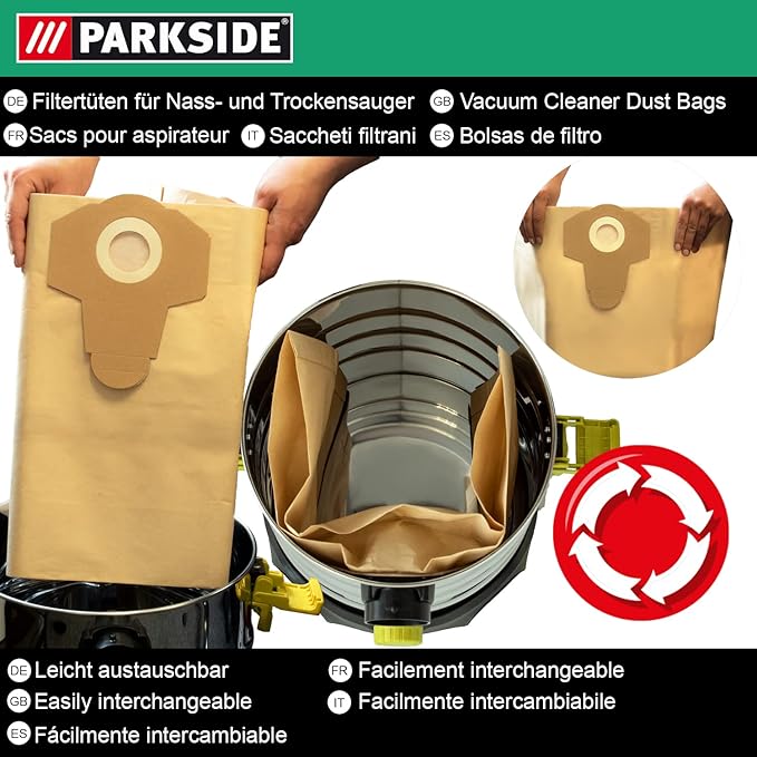 Parkside Lidl Wet and Dry 30L Bags Vacuum Cleaner Bags 30L PNTS 1400, 1500 A1, B1, B2, B3, C1, C3, D1, E2 | 30L Wet & Dry Series Vacuum Cleaner 5