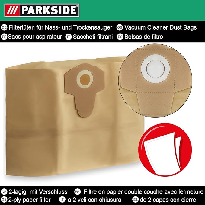Parkside Lidl Wet and Dry 30L Bags Vacuum Cleaner Bags 30L PNTS 1400, 1500 A1, B1, B2, B3, C1, C3, D1, E2 | 30L Wet & Dry Series Vacuum Cleaner 5