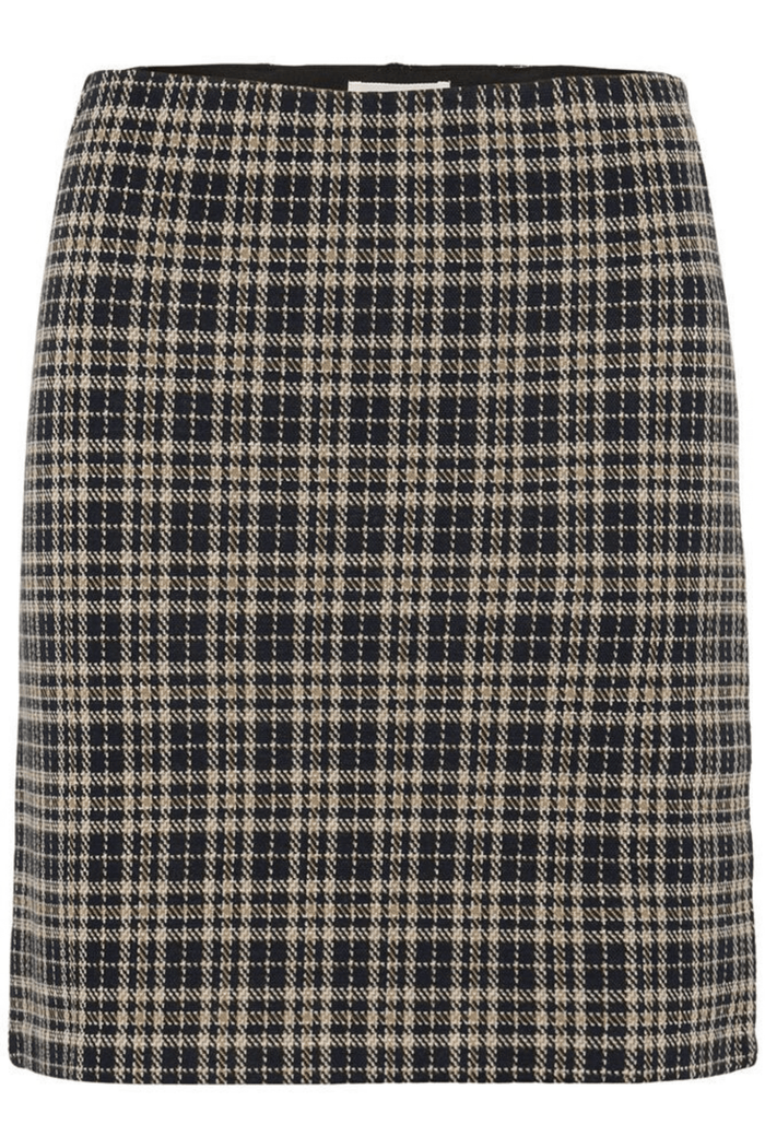 Part Two CorinnePW dark navy check skirt at Dotique – mid-length A-line skirt with front pleats.