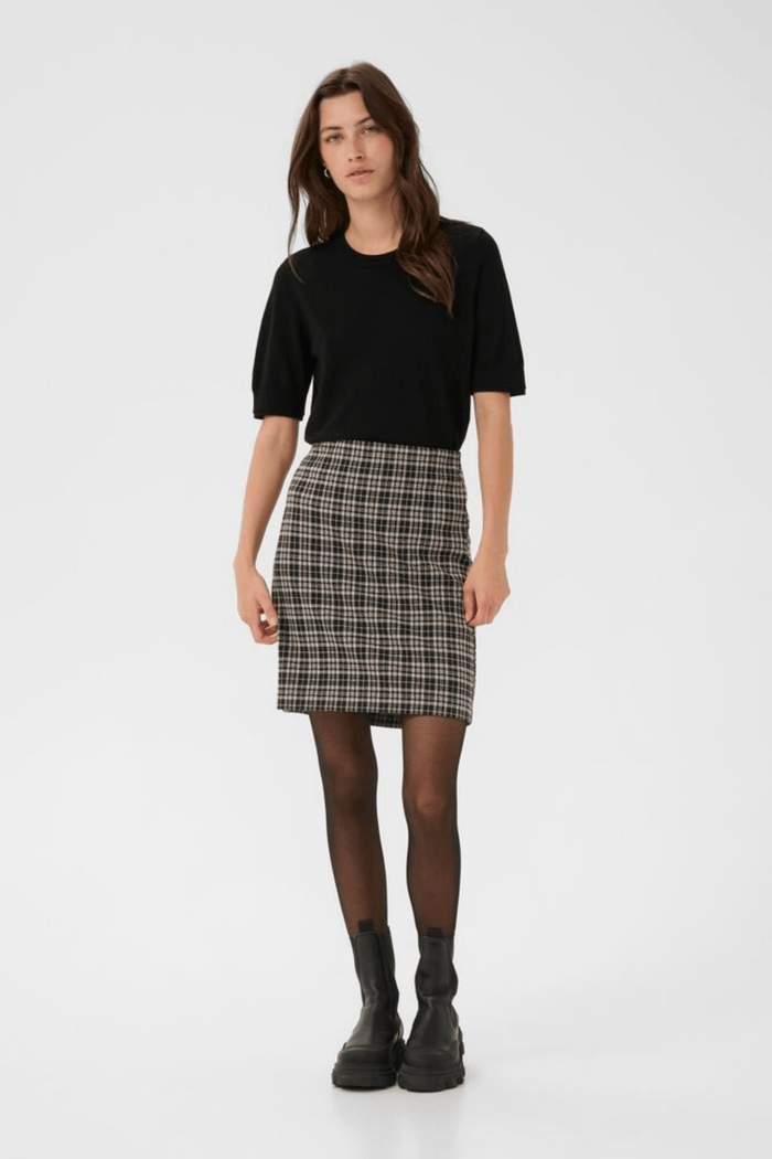 Part Two CorinnePW dark navy check skirt at Dotique – mid-length A-line skirt with front pleats.
