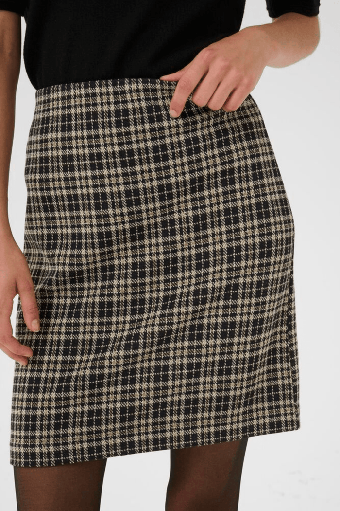 Part Two CorinnePW dark navy check skirt at Dotique – mid-length A-line skirt with front pleats.