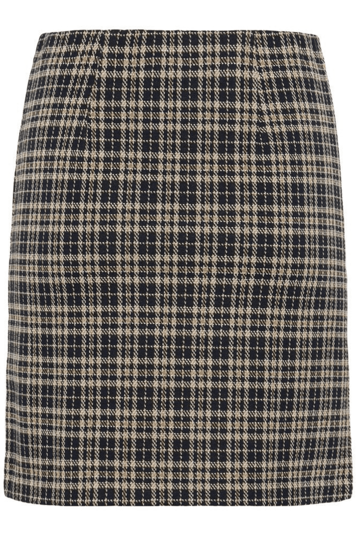 Part Two CorinnePW dark navy check skirt at Dotique – mid-length A-line skirt with front pleats.