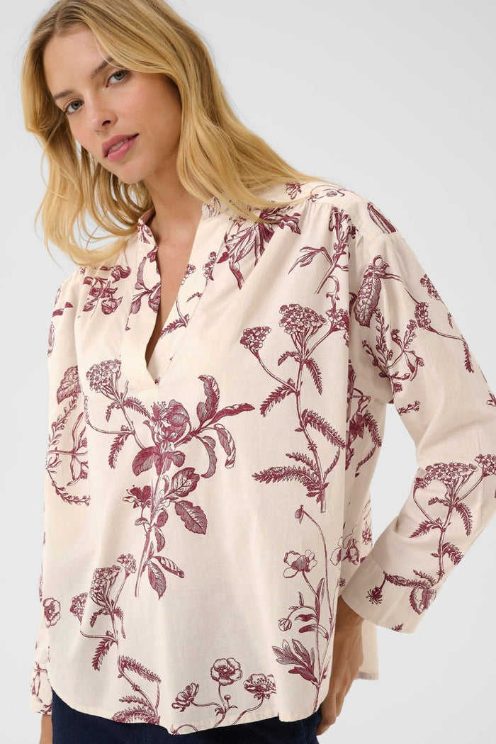 Part Two NatalePW Blouse in Tawny Port Botanical Print – organic cotton v-neck blouse with long sleeves available at Dotique
