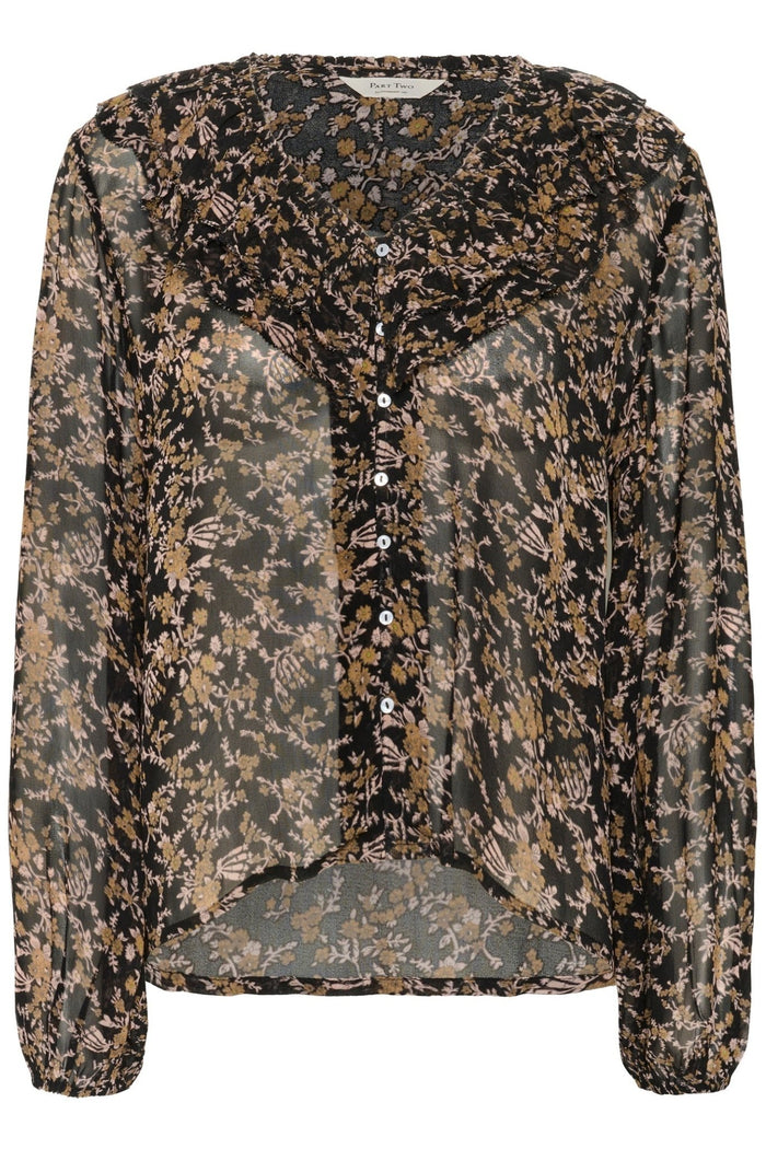Part Two SanazPW black flower bouquet print sheer blouse with ruffle collar and buttons – Dotique