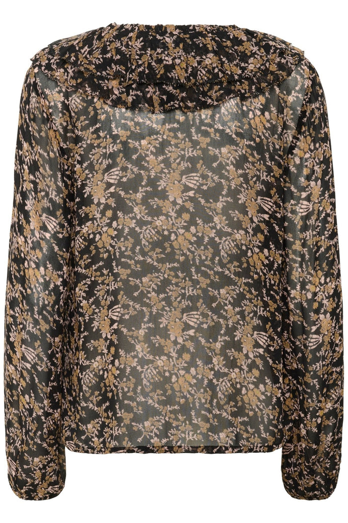 Part Two SanazPW black flower bouquet print sheer blouse with ruffle collar and buttons – Dotique