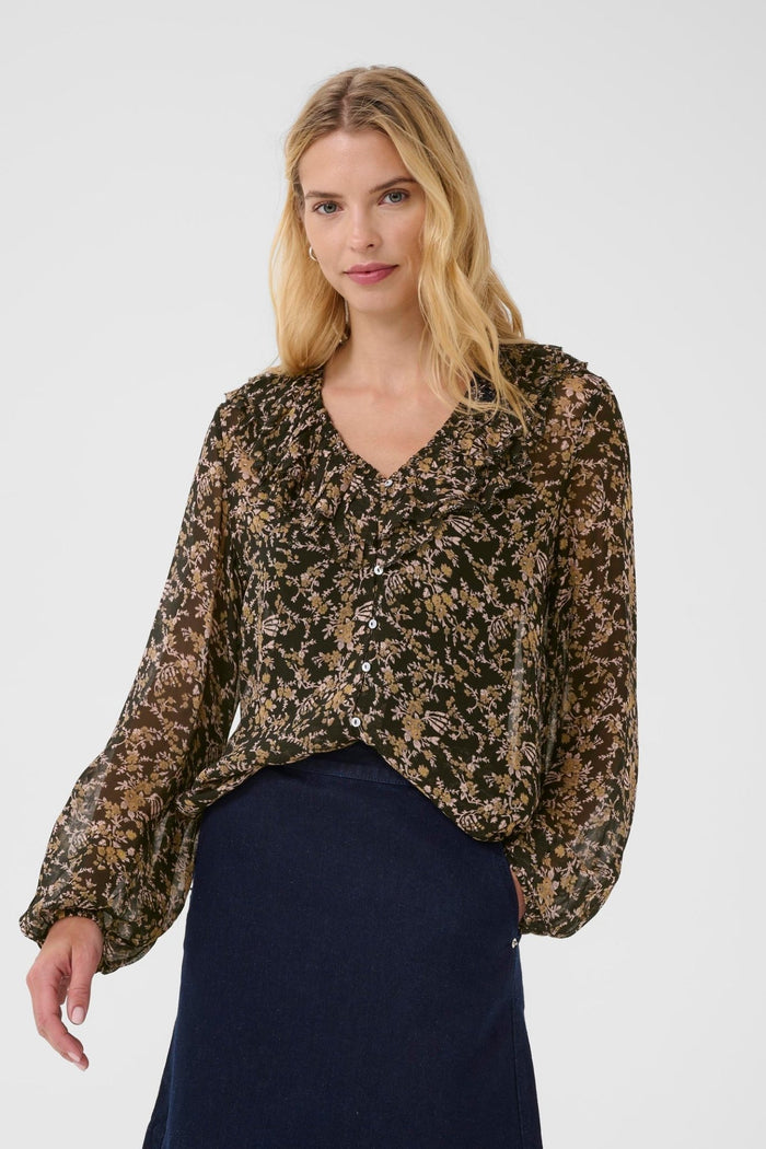 Part Two SanazPW black flower bouquet print sheer blouse with ruffle collar and buttons – Dotique