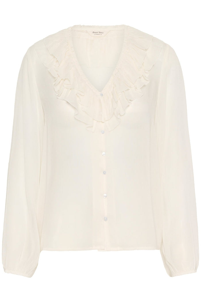 Part Two SanazPW eggnog blouse with ruffle v-neckline and button front, available at Dotique