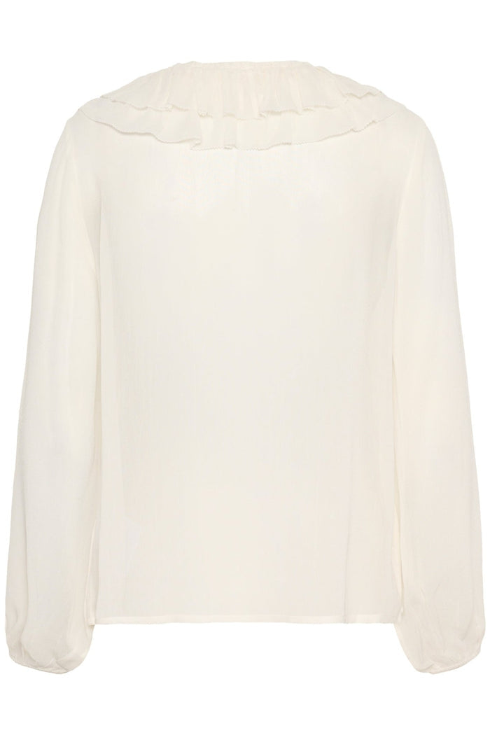 Part Two SanazPW eggnog blouse with ruffle v-neckline and button front, available at Dotique