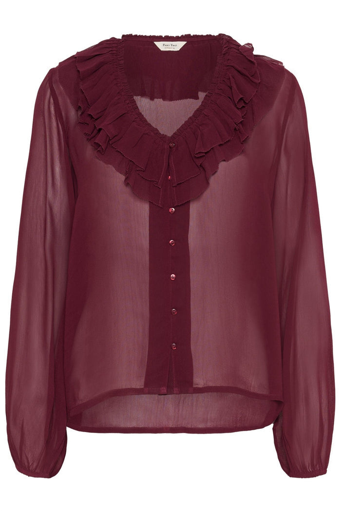 Part Two SanazPW blouse in tawny port with ruffle v-neckline and button front, available at Dotique