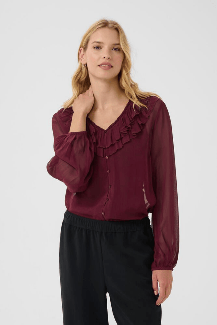 Part Two SanazPW blouse in tawny port with ruffle v-neckline and button front, available at Dotique