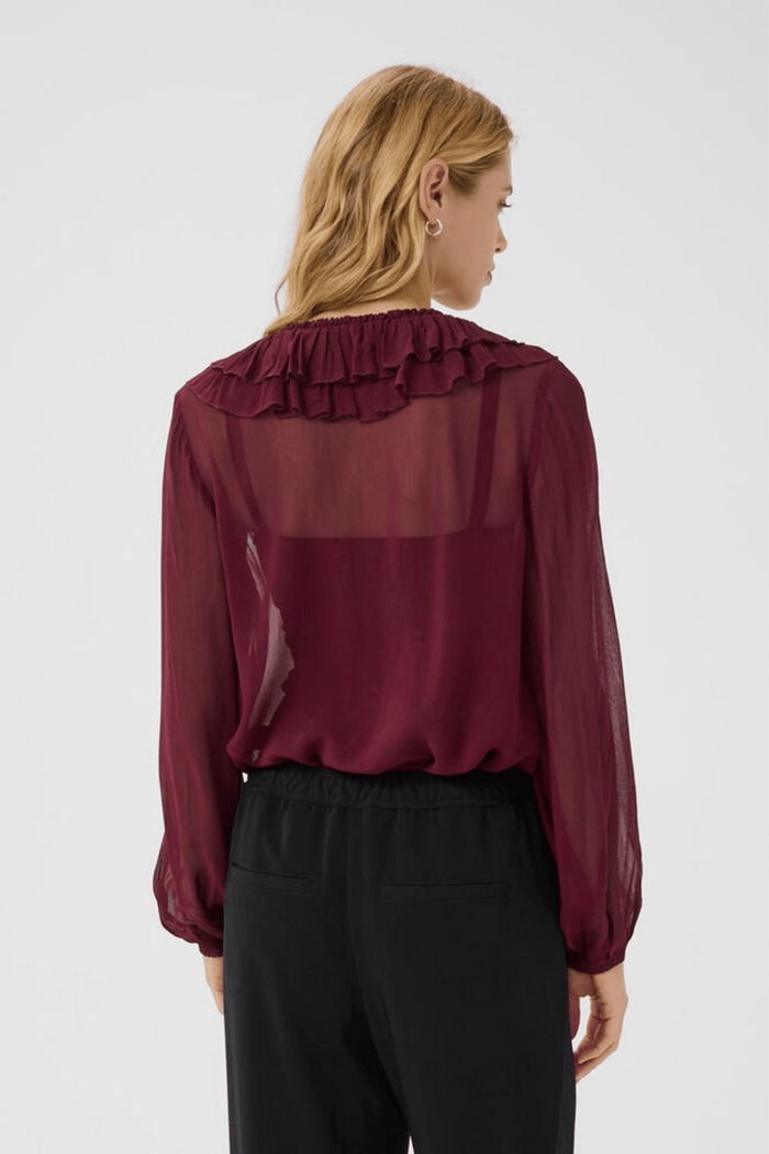 Part Two SanazPW blouse in tawny port with ruffle v-neckline and button front, available at Dotique