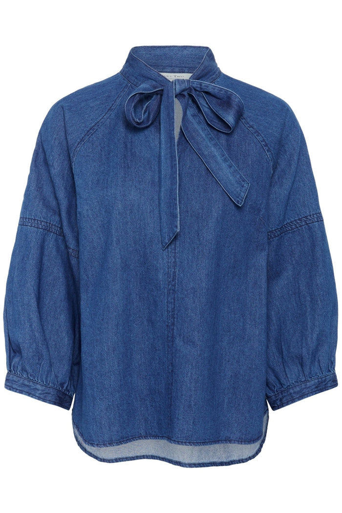 Part Two SassiPW dark denim cotton tie neck shirt with relaxed sleeves – Dotique