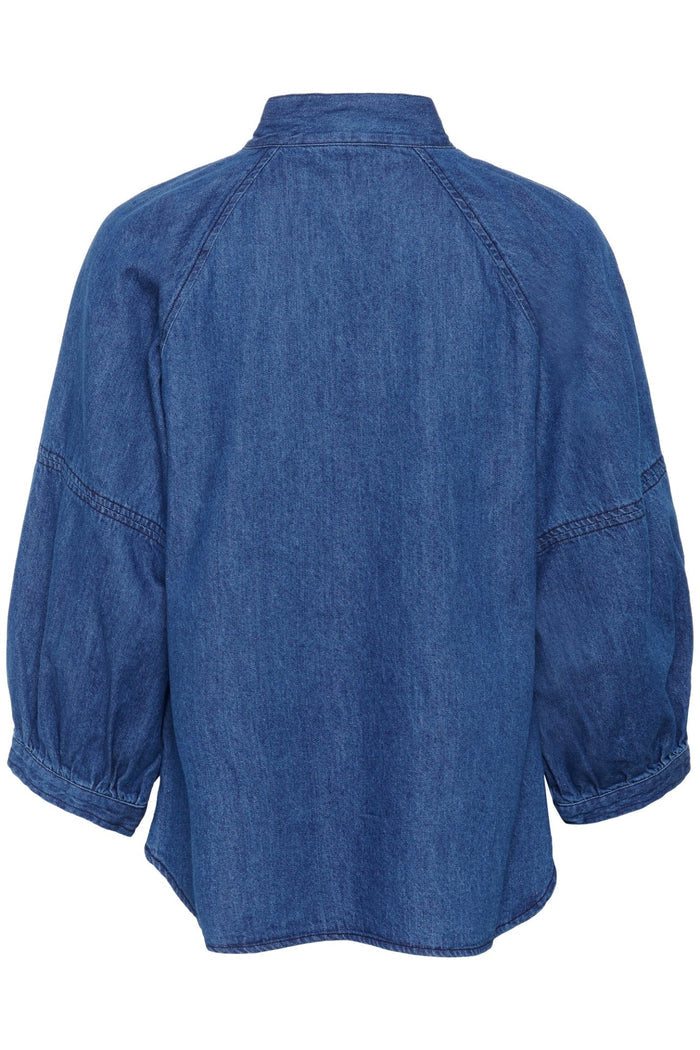 Part Two SassiPW dark denim cotton tie neck shirt with relaxed sleeves – Dotique