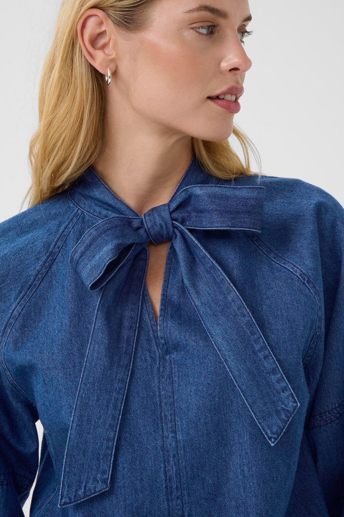 Part Two SassiPW dark denim cotton tie neck shirt with relaxed sleeves – Dotique