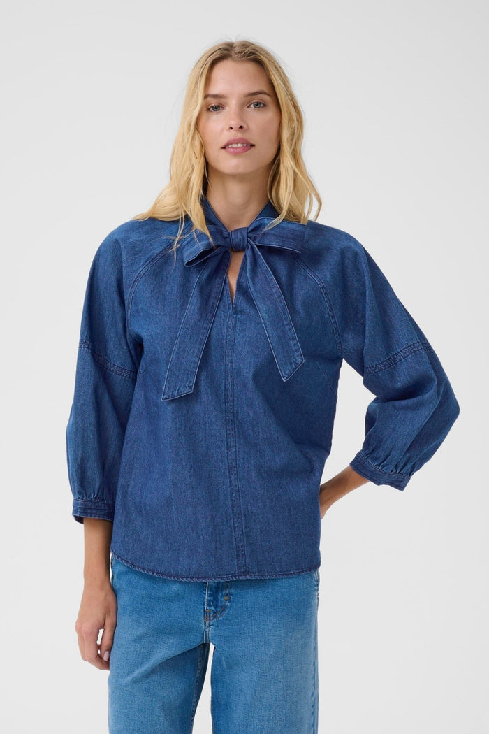 Part Two SassiPW dark denim cotton tie neck shirt with relaxed sleeves – Dotique