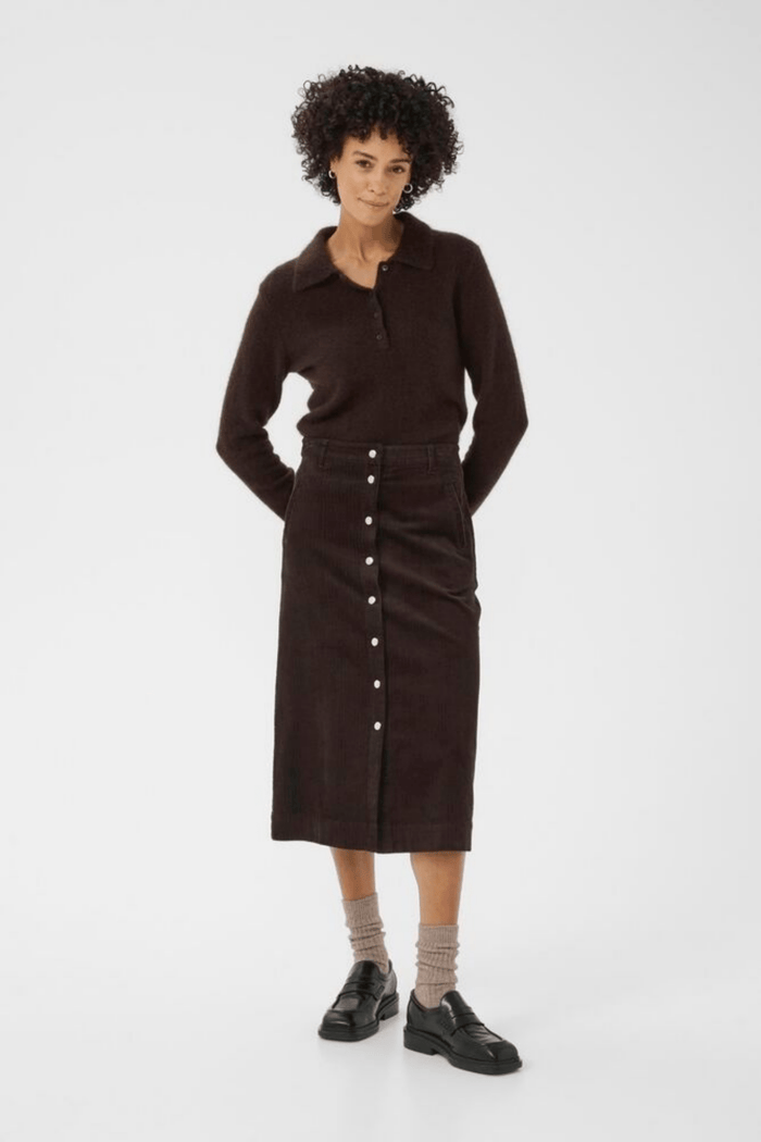 Part Two ShaylaPW cord midi skirt in ganache brown with button front, available at Dotique