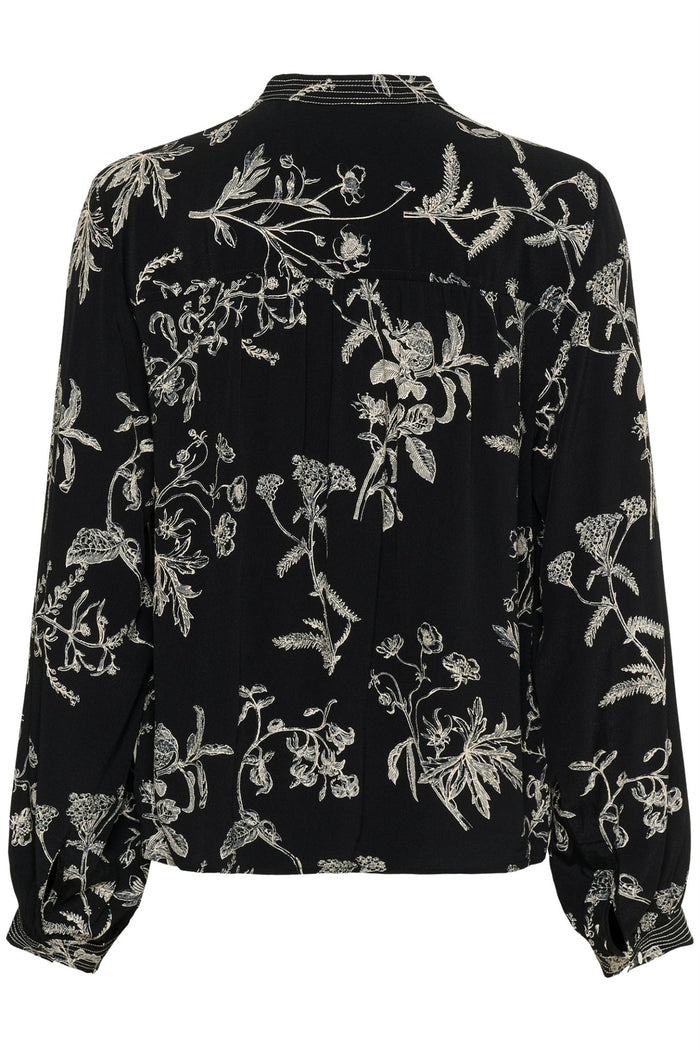 Part Two ShiromaPW black botanical print blouse with high neckline, relaxed fit, and pleat detailing – Dotique