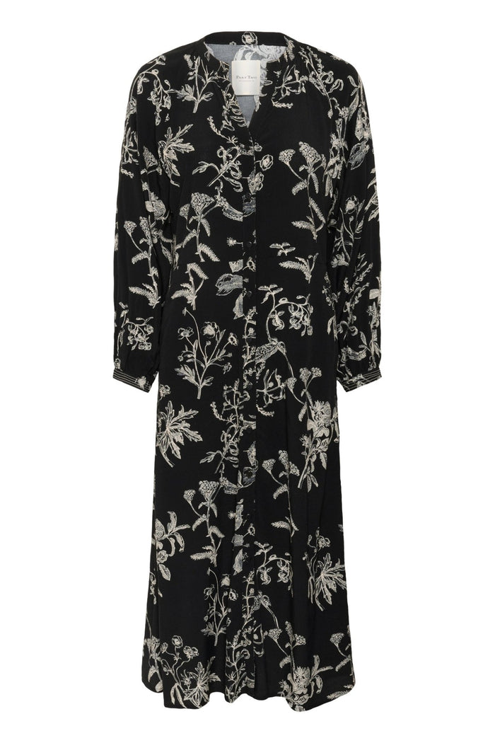 Part Two SiciliaPW dress black botanical print with v-neckline, button front, and long sleeves – Dotique