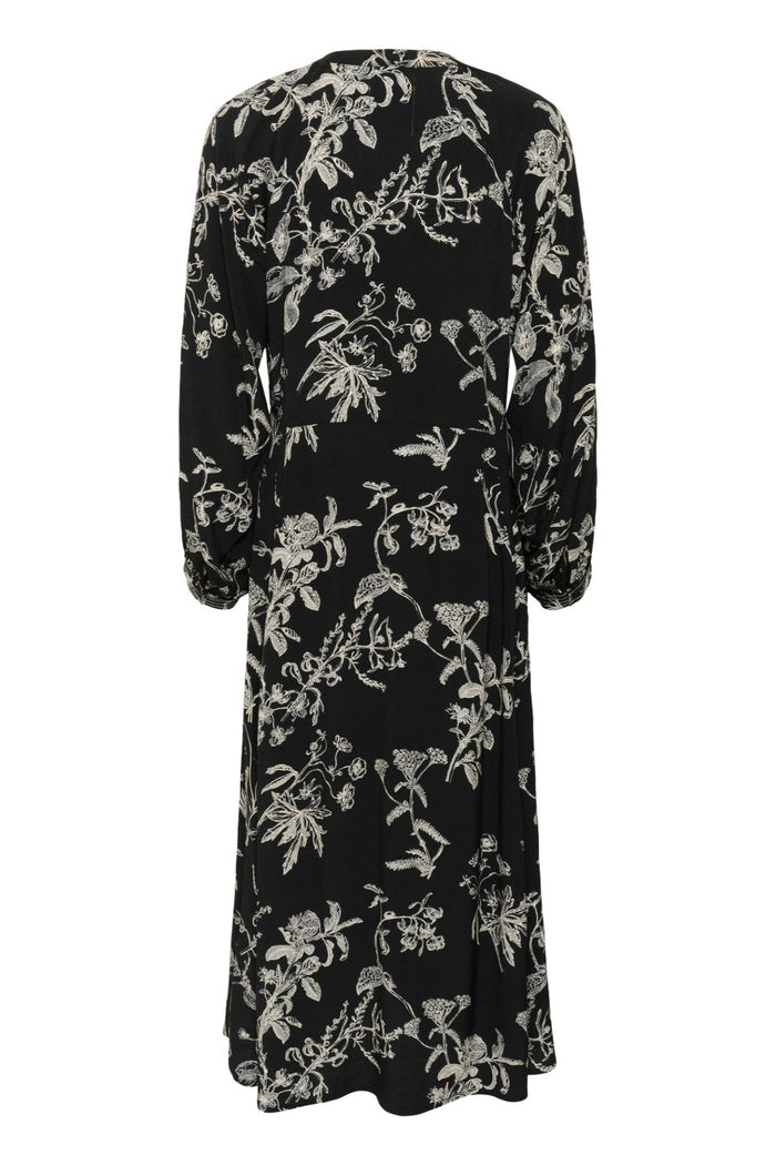 Part Two SiciliaPW dress black botanical print with v-neckline, button front, and long sleeves – Dotique