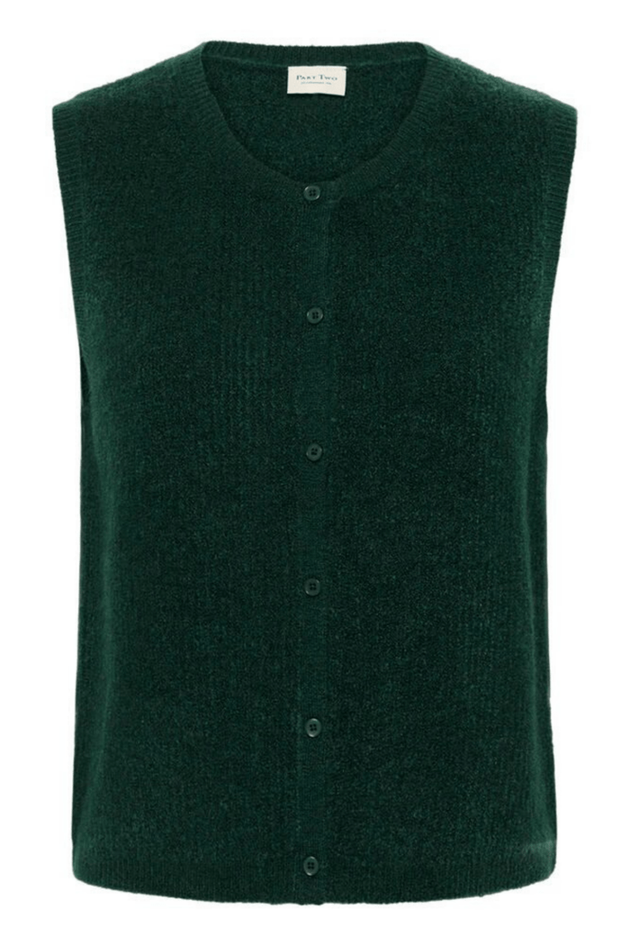 Part Two PimiraPW sea moss green button waistcoat layered over white tee, available at Dotique