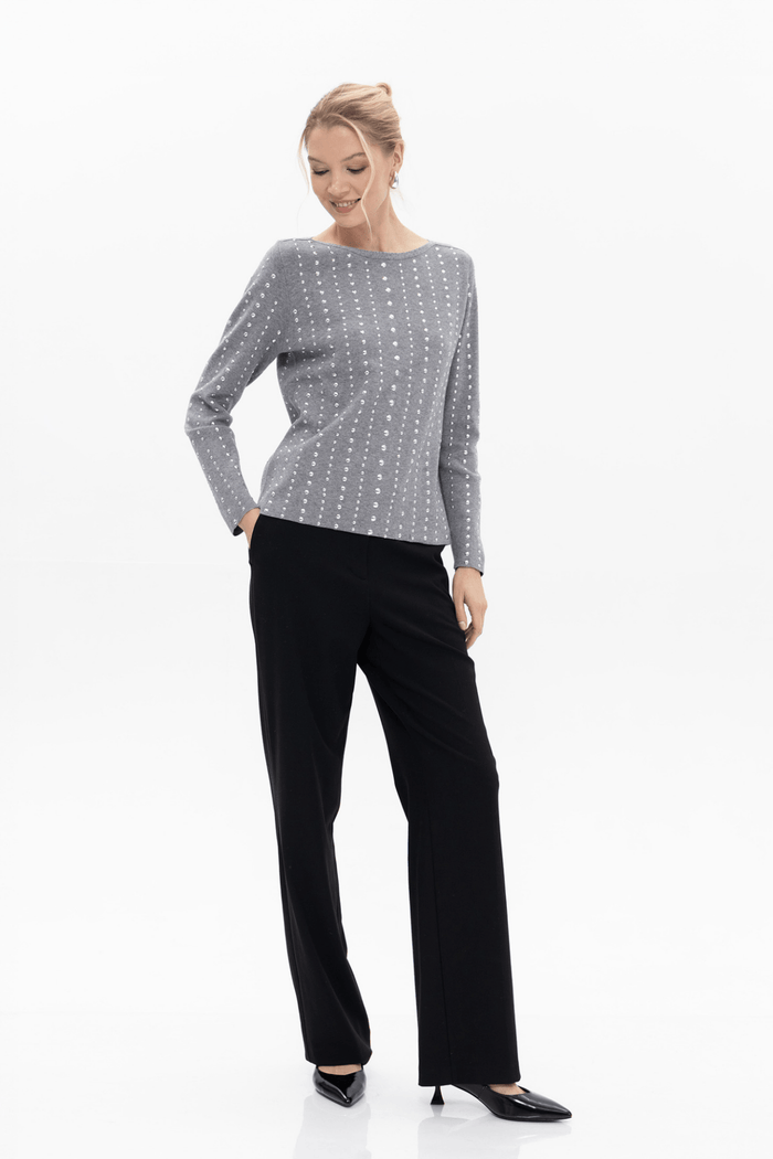 Passioni 18120 Grey Jumper. Featuring a soft grey knit with delicate vertical rows of crystal embellishment, this jumper combines cosy comfort with understated glamour.