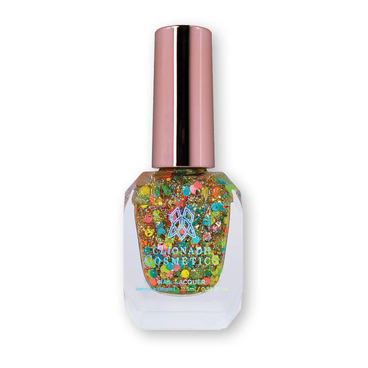 Bottle of nail polish containing Patchwork Quilt Nail Laquer on white background.