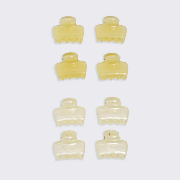 KITSCH Pearlized Cream & Butter Yellow Jelly Cloud Clips Mini — flat lay grid showing all 8 clips in 4 rows of 2 on white background — butter yellow clips top half, pearlized cream clips bottom half — All-Day Hold | 8pcs, Made from Recycled Materials — mini jelly claw clip color comparison shot