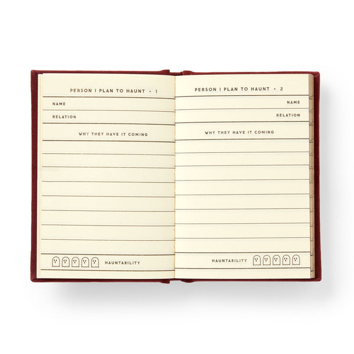 The Brass Monkey People I Plan To Haunt Tiny Diary is a spooky stationery featuring ghostly pages to list names, relations, reasons "why they have it coming," and a Hauntability rating with ghost icons—ideal for your haunting plans!.