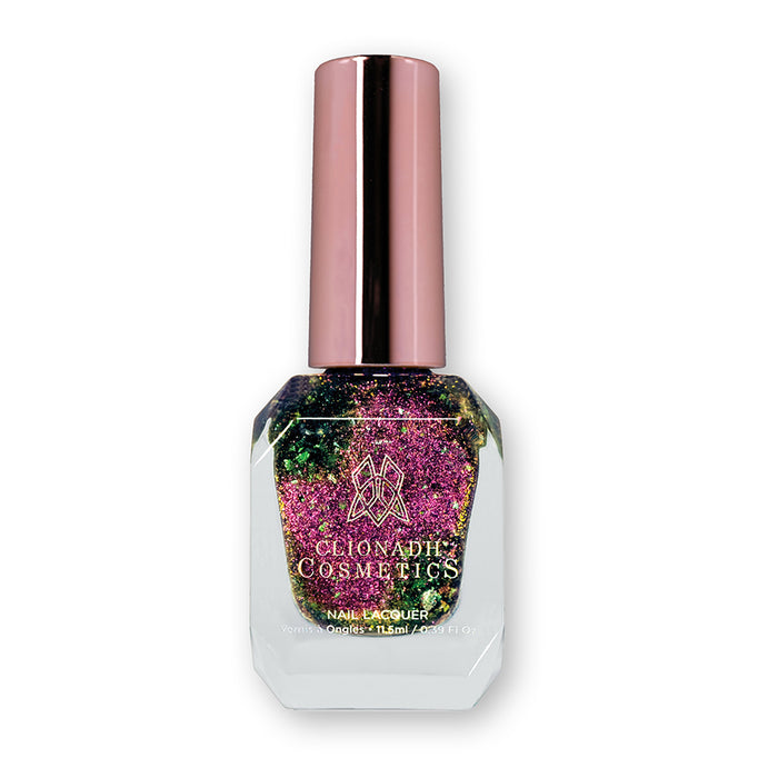Bottle of nail polish containing Pholiotina Nail Lacquer on white background.