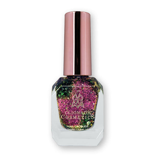 Bottle of nail polish containing Pholiotina Nail Lacquer on white background.