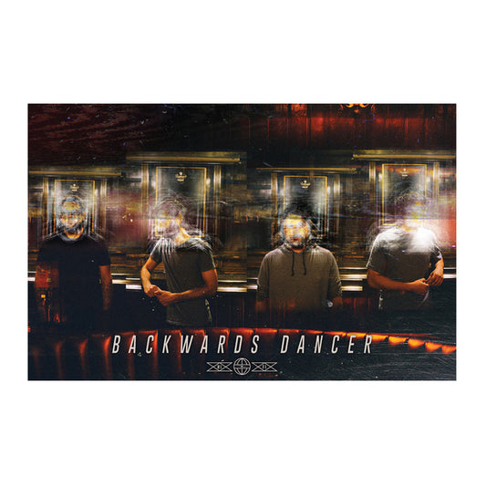 Four people stand in front of mirrored bar decor, their faces blurred by light streaks. "BACKWARDS DANCER" is written at the bottom, making this an eye-catching 11x17 photo print from Backwards Dancer for any collection.