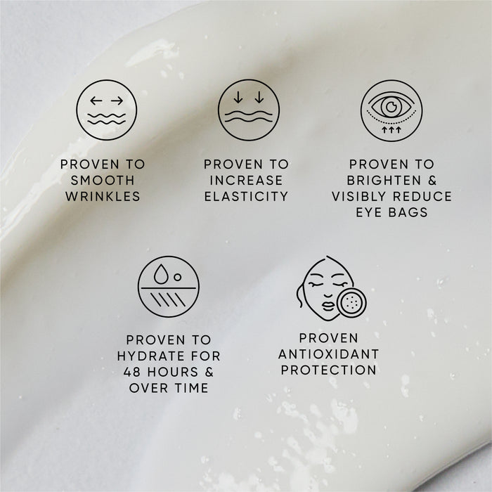 Skincare product with icons and text highlighting its benefits on a white background