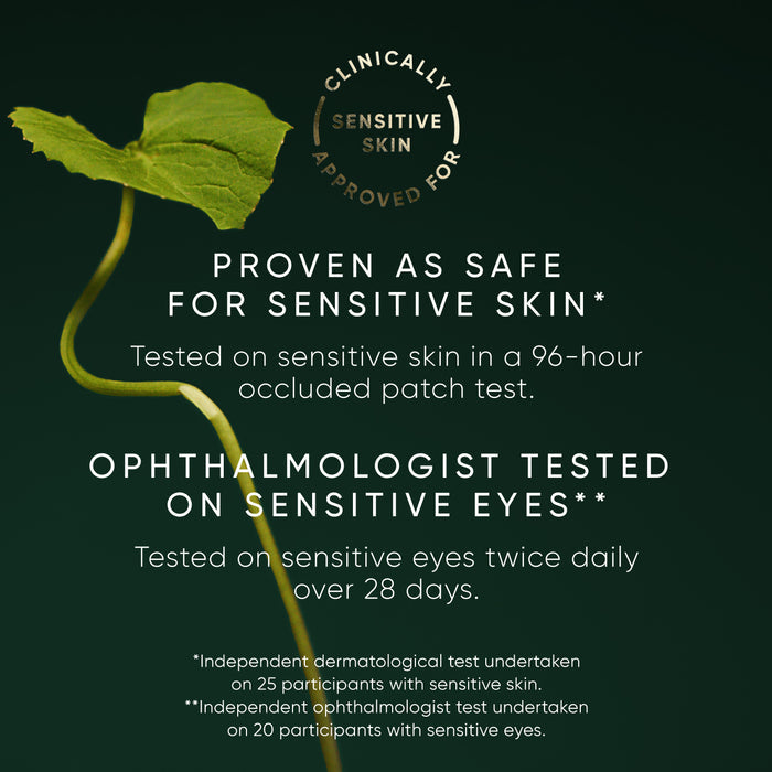 Product safety information for sensitive skin and eyes on a dark green background with a leaf graphic.