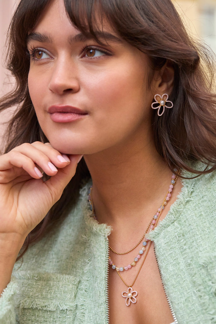 Pink And Pearl Tennis Chain Flower Necklace