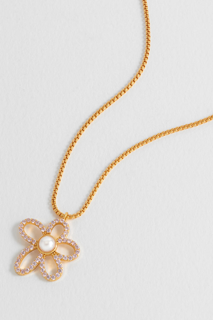 Pink And Pearl Tennis Chain Flower Necklace