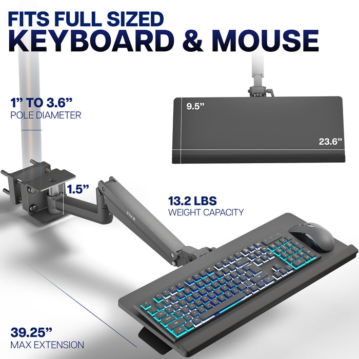 Pneumatic Pole Mounted Keyboard Tray Fits Full-Sized Keyboard and Mouse