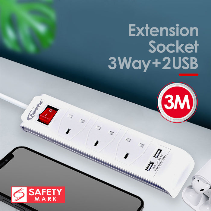 PowerPac Extension Cord, Extension Socket, Power Cord 3 Metre 3 way with 2x USB charger (PP233U)