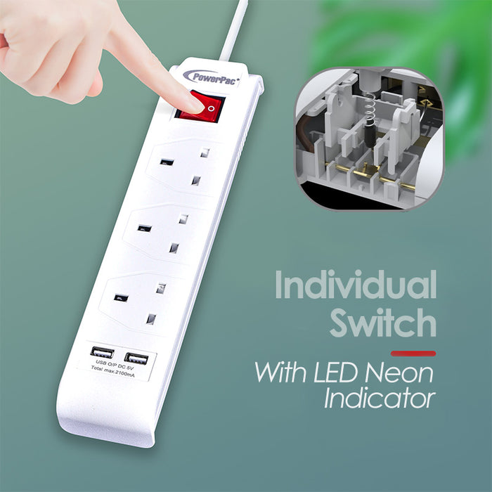 PowerPac Extension Cord, Extension Socket, Power Cord 3 Metre 3 way with 2x USB charger (PP233U)