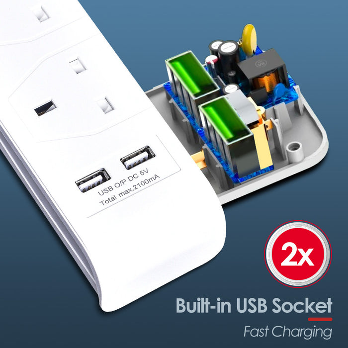 PowerPac Extension Cord, Extension Socket, Power Cord 3 Metre 3 way with 2x USB charger (PP233U)