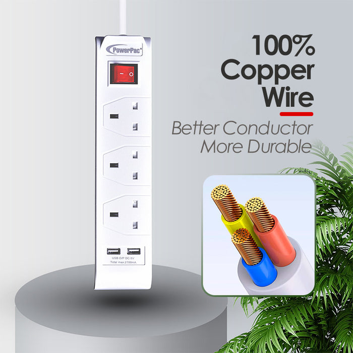 PowerPac Extension Cord, Extension Socket, Power Cord 3 Metre 3 way with 2x USB charger (PP233U)